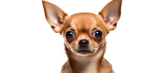 Obraz premium A small, brown Chihuahua dog is sitting on top of a white floor. The dog is looking alert and curious, with its ears perked up. The light-colored background accentuates the dogs features.