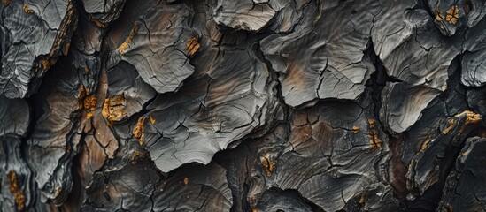 This close-up shot captures the intricate pattern of a trees bark, with prominent yellow spots...