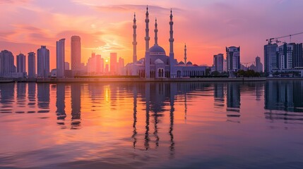 Sharjah Mosque beautiful sunset view second biggest mosque in United Arab Emirates beautiful traditional Islamic architecture new tourist attraction in Middle east