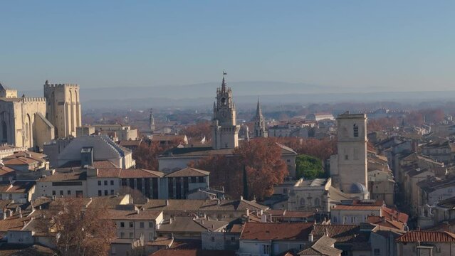 Aerial view of historic center of Avignon in France. Mairie d Avignon and Palais des Papes