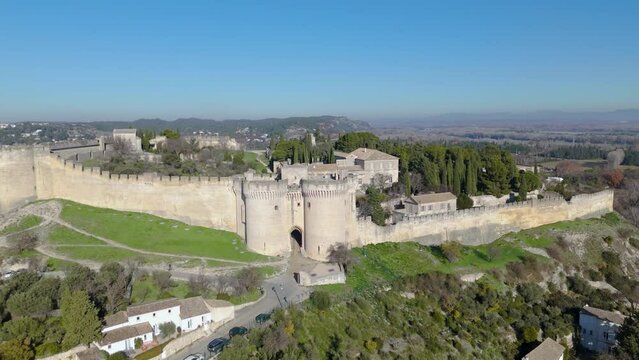 Panoramic drone view of Fort Saint Andre, medieval fortress, Avignon, France