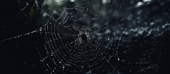 A spider web glistens in the sunlight, intricately woven in the heart of a dense forest. The delicate strands stretch between trees, waiting for unsuspecting prey to become ensnared.
