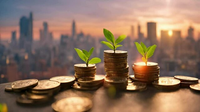 A plant growing out of a pile of coins. Generative ai, Money coin stack growing graph investment. Business Finance Save Money, green sapling growing out of a pile of golden coins.