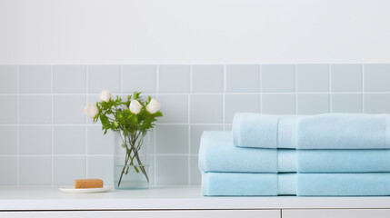 Crisp Blue Towels and Fresh White Roses in a Bright Bathroom. Clean and Refreshing Bath Decor Concept