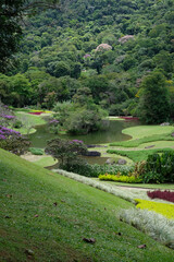 Fazenda Marambaia, Rio de Janeiro, Brazil. Lush landscaped garden with winding pond, from the famous landscape architect Burle Marx