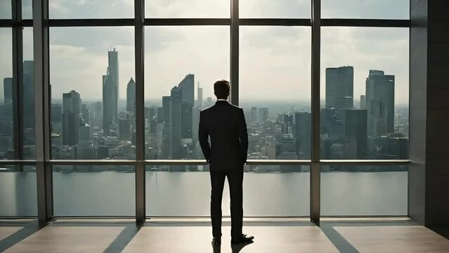 A business man standing with cityscape background, business man in his office, Successful businessman looking out of window at big city view and talking, seamless looping 4k virtual video animation	