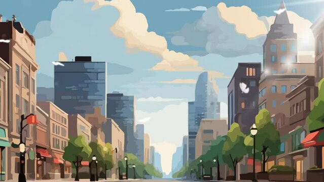 illustration of a quiet city street with buildings and offices. Birds fly, butterflies dance and the wind blows, for lo-fi background video loops, streaming songs and game animation. generated with AI