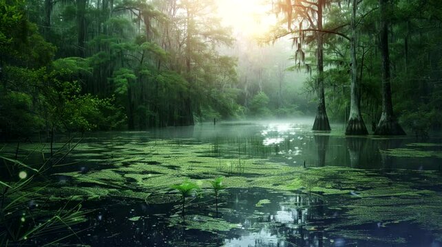 Swamp lake scene in tropical forest, animated virtual repeating seamless 4k