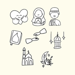 Fototapeta premium set of ramadan vibes in outline doodle illustration