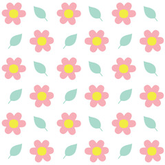 Vector seamless pattern of flat hand drawn flowers and leaves isolated on white background