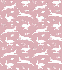 Vector seamless pattern of Easter bunny silhouette and leaves isolated on pink background