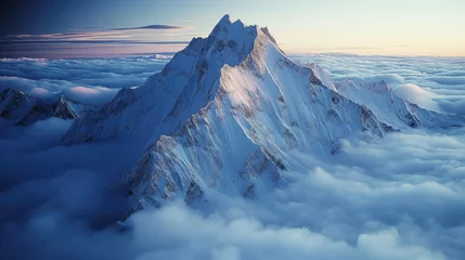 Fotobehang Beautiful mountains surrounded by clouds at sunset. Created with Generative AI. © lchumpitaz
