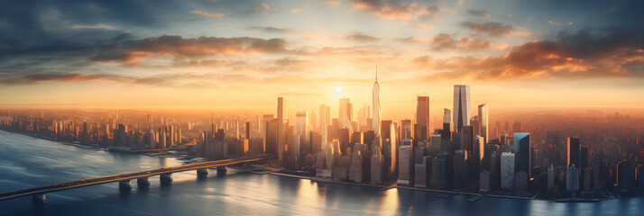 Fototapeta na wymiar Aerial Panorama of a Vibrant City Awakening Under Dawn's First Light