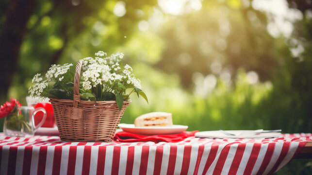 Summer Picnic Scene with Wicker Basket and White Flowers on Red Gingham Tablecloth. Outdoor Leisure and Dining Concept