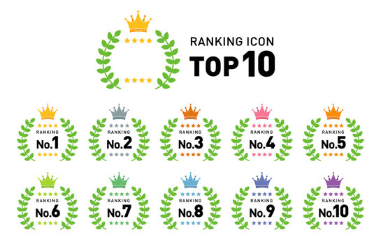 ランキングアイコンセット／ベクター素材／王冠・クラウン・月桂冠／1位から10位まで