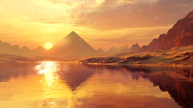 View of the Egyptian pyramids at sunset, animated virtual repeating seamless 4k