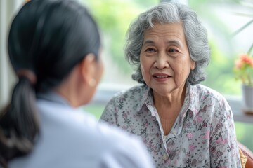 A senior woman with gray hair is engaging in a conversation with a healthcare professional, possibly discussing her well-being in a bright, comfortable setting.