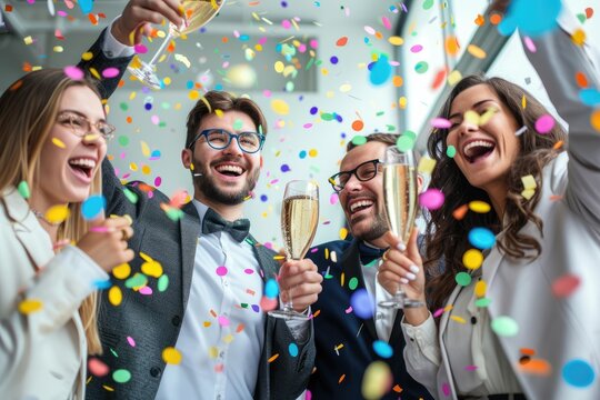 Engulfed in a whirlwind of colorful confetti, friends at a vibrant party scene share laughter and raise their champagne glasses in celebratory toasts, painting a picture of joy and merriment.