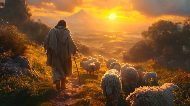 a shepherd guiding his flock of sheep. Created with Generative AI.