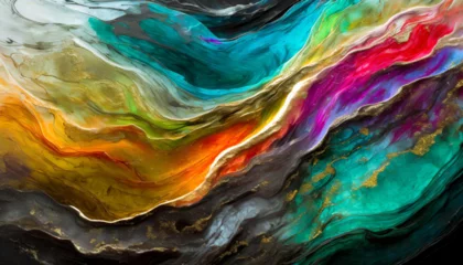 Foto op Plexiglas Currents of translucent hues, snaking metallic swirls, and foamy sprays of color shape the landscape of these free-flowing textures. Natural luxury abstract fluid art painting in alcohol ink technique © Dakwah