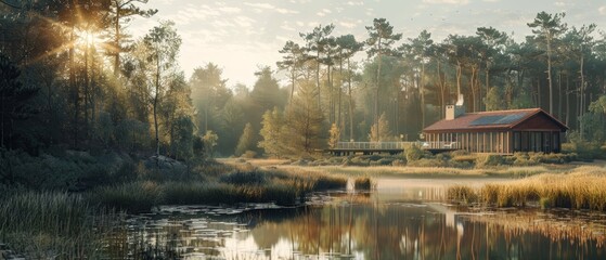 Tranquil lakefront house bathed in golden sunrise light, surrounded by a serene forest.