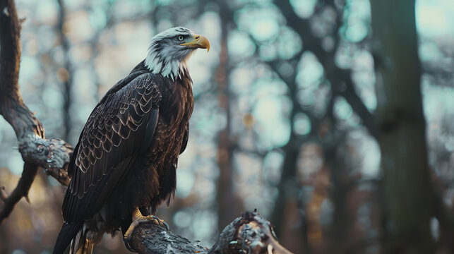 Águia careca majestosa em foco perfeito sobre galho destacada por fundo borrado da floresta
