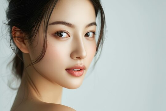 High-resolution image capturing the delicate beauty of a young woman's face with detailed makeup and soft, flowing hair.