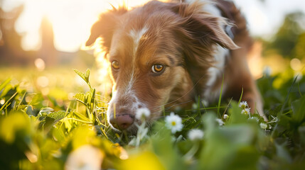 Um cão marrom e branco se divertindo em um prado verde ensolarado capturado em close com lente 70200mm