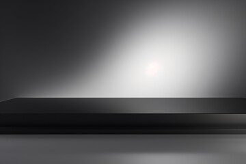 Empty Black Display Shelf with Spot Light on Gray Background. Modern Product Presentation Platform Concept