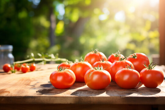Ripe Tomatoes on Vine Bathed in Golden Sunlight on Wooden Table. Fresh Organic Produce Concept