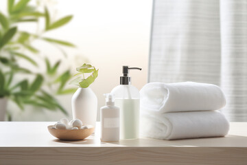 Obraz na płótnie Canvas Elegant Spa Bathroom Vanity Setup with White Dispensers and Plush Towels. Modern Home Comforts and Interior Design Concept