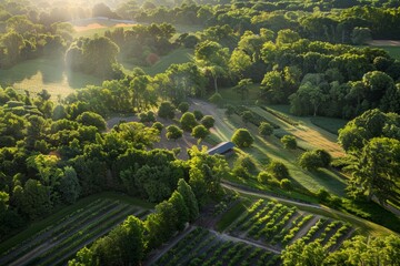 The warm glow of dawn illuminates a farm with orderly orchards, enhancing the tranquility of the pastoral landscape from above. - obrazy, fototapety, plakaty