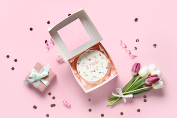 Sweet bento cake with gift box and bouquet of beautiful tulips on pink background. International Women's Day - obrazy, fototapety, plakaty