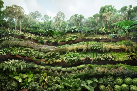 This image captures a lush, multilayered vegetable garden, a testament to the rich biodiversity and sustainable agricultural practices.
