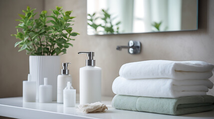 Elegant Spa Bathroom Vanity Setup with White Dispensers and Plush Towels. Modern Home Comforts and Interior Design Concept