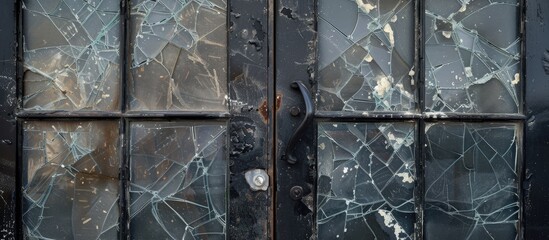 A detailed view of a neglected contemporary metal door with cracked glass, showing signs of wear and tear. The cracked glass on the door adds a sense of decay and abandonment.