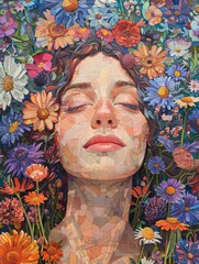 Vibrant artwork depicting a woman's face in mosaic style surrounded by an array of blooming, colorful flowers.