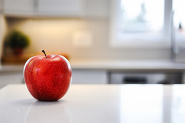 A modern, minimalist kitchen with a single red apple placed on a white countertop