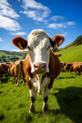 Naklejka na ściany i meble Rustic Charm: Ayrshire Dairy Cows' Grazing in Serene Green Pastures - A Display of Farm Life