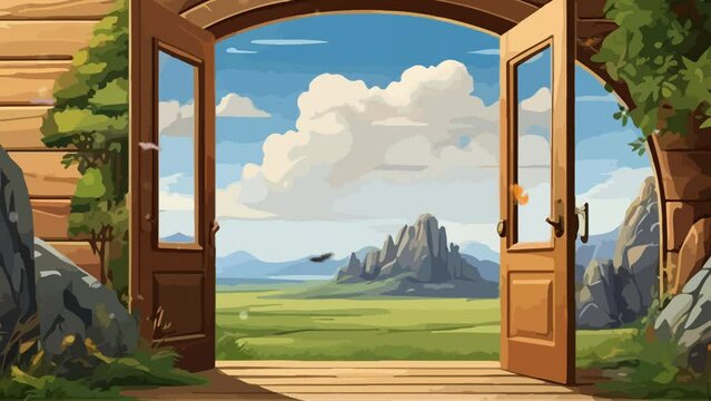 a door in an anime fairyland with beautiful hills and mountains anime style illustration, for game video background loop. for gaming, streaming or background music. generated with AI