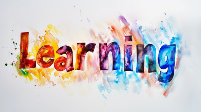 The word Learning isolated on white background made in Watercolor and Ink Collage style. Decorative lettering of a word Learning. Creative postcard. Ai Generated Digital art poster.