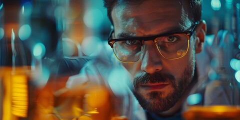Focused male scientist conducting precise measurements in a busy chemistry laboratory. Concept Chemistry Lab, Precision Measurements, Male Scientist, Busy Environment, Scientific Research