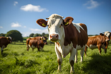Fototapeta na wymiar Rustic Charm: Ayrshire Dairy Cows' Grazing in Serene Green Pastures - A Display of Farm Life