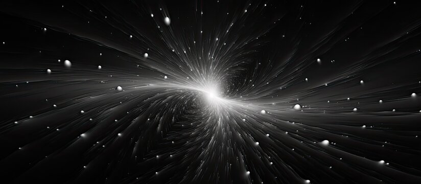 A black and white 3D rendering of a star burst within a computer-generated abstract background, showcasing star systems on deep space trajectories. The image features intricate details and stark