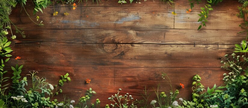 A wooden board is covered with various plants, including green flowers and wild grass, creating a rustic and natural background. The wooden texture enhances the organic feel of the setting, making it