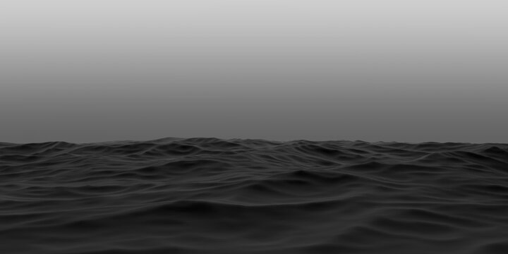Black gloomy water with waves, dark gray ocean horizon, waves in blur, banner. 3D render