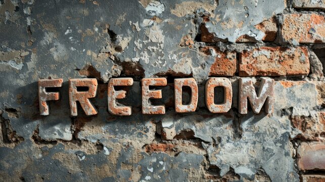 Ancient Brick Freedom concept creative horizontal art poster. Photorealistic textured word Freedom on artistic background. Ai Generated Liberty and Independence Horizontal Illustration..