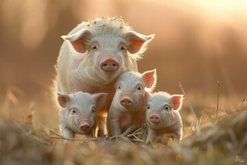 A pig is taking care of her cub, animal and love, familiy concept