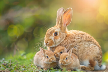 Fototapeta premium A rabbit is taking care of her cub, animal and love, familiy concept