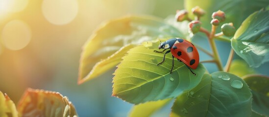 Macro shot of a ladybird peacefully resting on a green leaf in nature. Serene and vibrant wildlife scene.